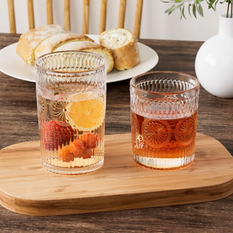 Loivttvv 12pcs Vintage Drinking Glasses Set, 12 oz Highball Glasses & 9 oz Embossed Ribbed Glassware Cups for Cocktail, Wa...