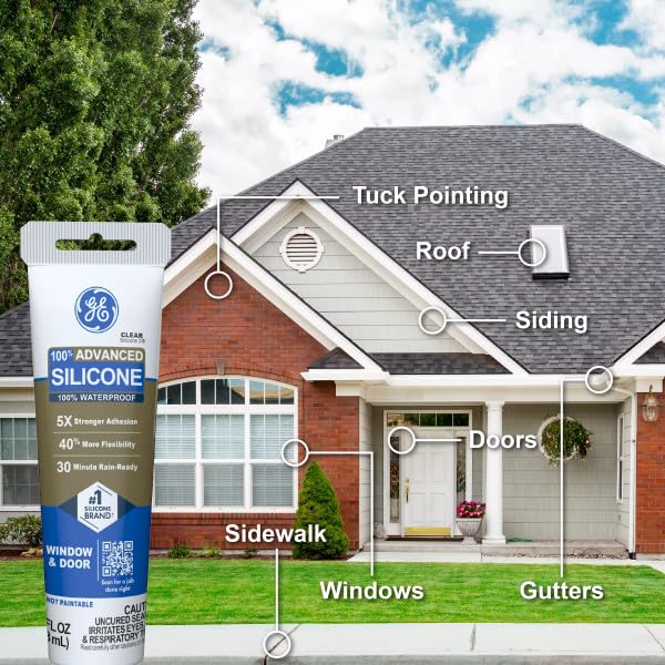 GE Advanced Silicone Caulk for Window & Door, Clear, 2.8 fl oz Tube, 1 Pack - 100% Waterproof Silicone Sealant, 5X Stronger Adhesion, Freeze & Sun Proof