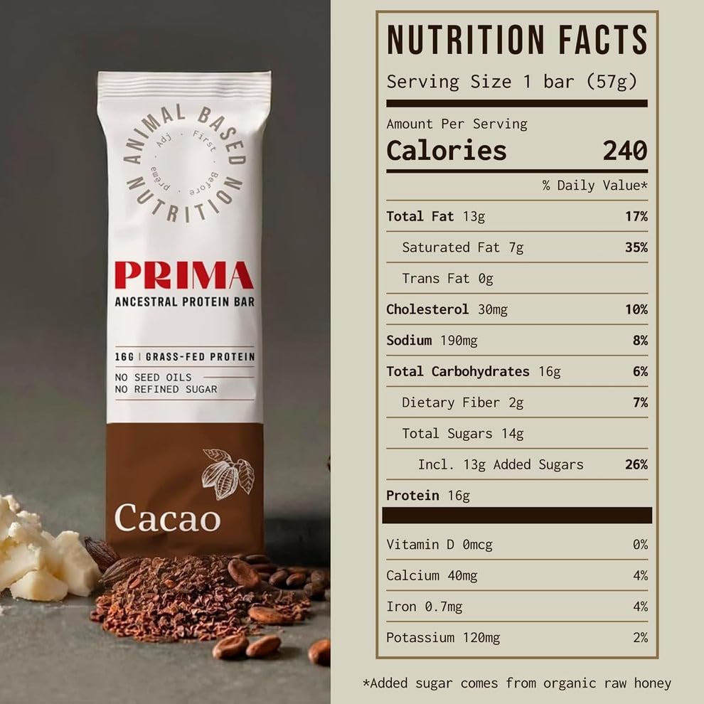 PRIMA ANCESTRAL PROTEIN BAR Grass Fed Protein Bars, 7 Pack – Animal-Based Protein Bar with Beef Tallow, Raw Honey, Seed Oi...