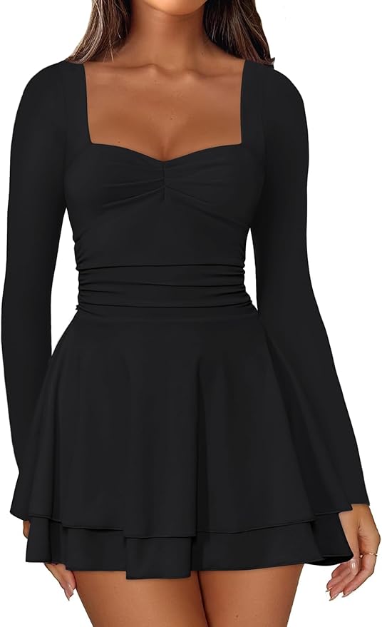 IWD Women's Square Neck Long Sleeve Mini Dress Ruched Corset Waist Tiered Ruffle Hem A Line Short Party Dresses