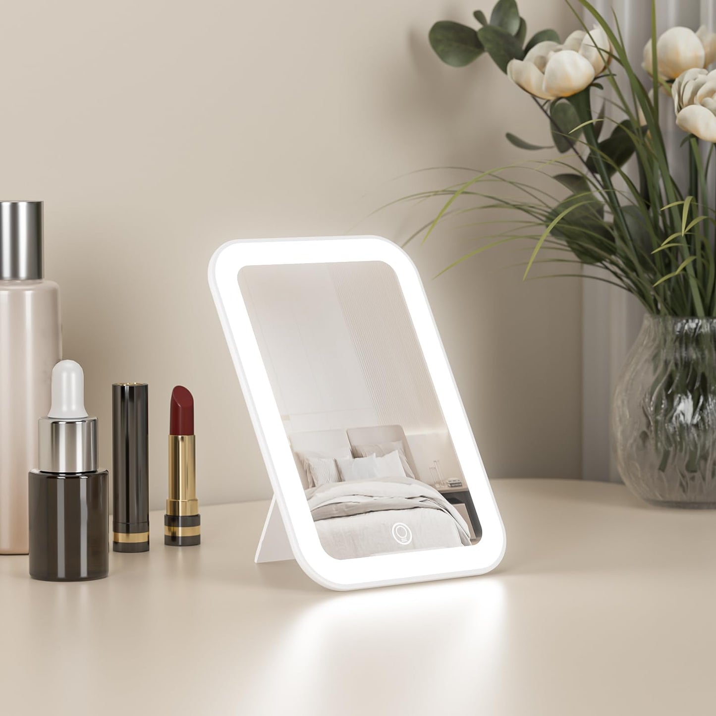 Kintion Travel Makeup Mirror, 6*4.2 Rechargeable Portable LED Lighted Tabletop Vanity Mirror, 3 Colors Touch Dimmable Compact Mi