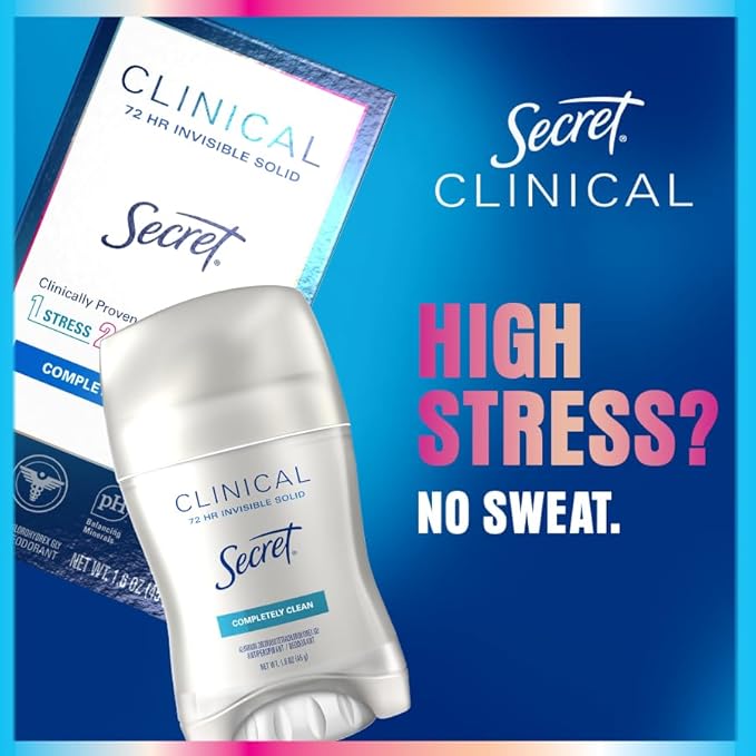Secret Clinical Strength Antiperspirant Deodorant for Women, Free & Sensitive, 3X Stress Protection, 72hr Sweat & Odor Protection, PH Balancing Minerals, Soft Solid, Unscented, 1.6 oz (Pack of 3)