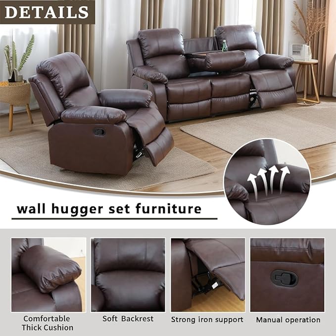 A Ainehome Living Room Furniture Set Leather Recliner Sofa Set Loveseat Chair Furniture Sofa Set for Living Room/Small Space/Rv/House/Office/Theater Seating (A-Brown Leather, Sofa+Chairs)
