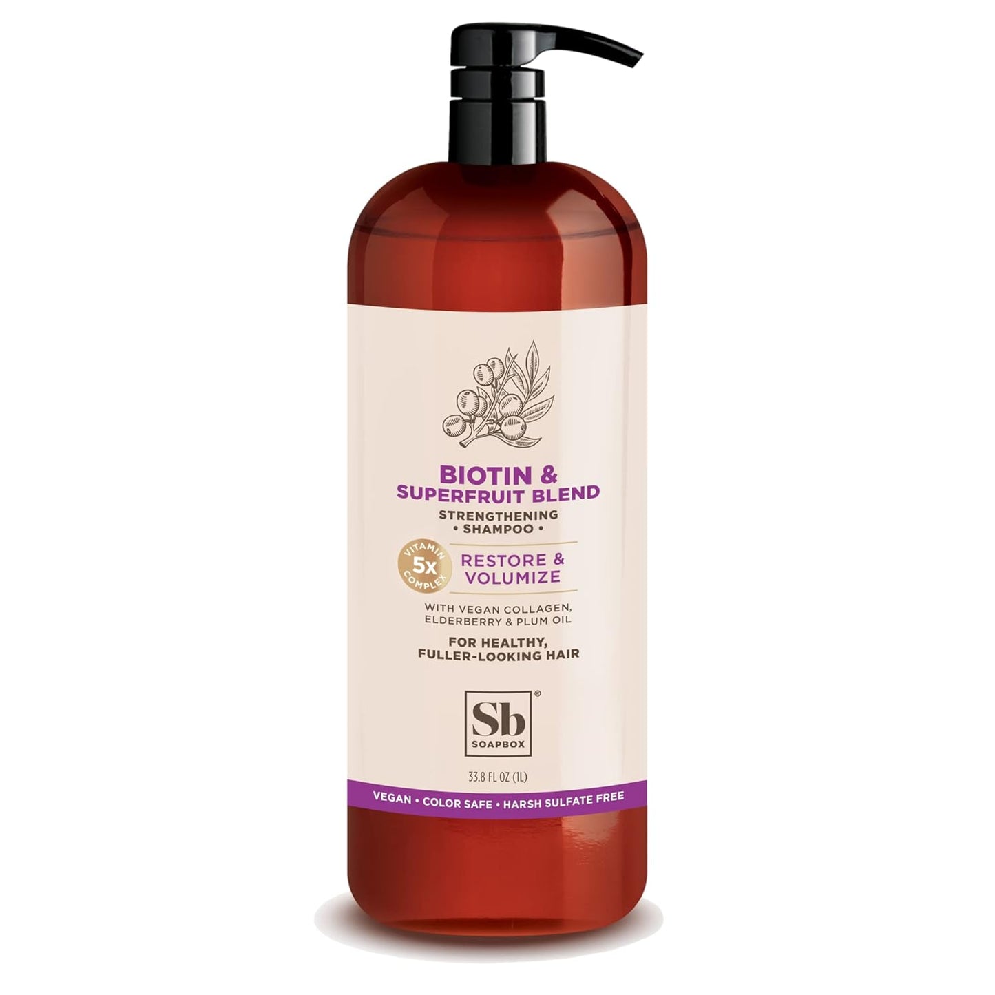 Soapbox Biotin Shampoo, Biotin & Collagen Super Fruit Shampoo for Thin, Fine, Thinning Hair | Volumizing & Repairing to Promote Hair Growth, Strength, Fullness, 1 Liter Pump Bottle