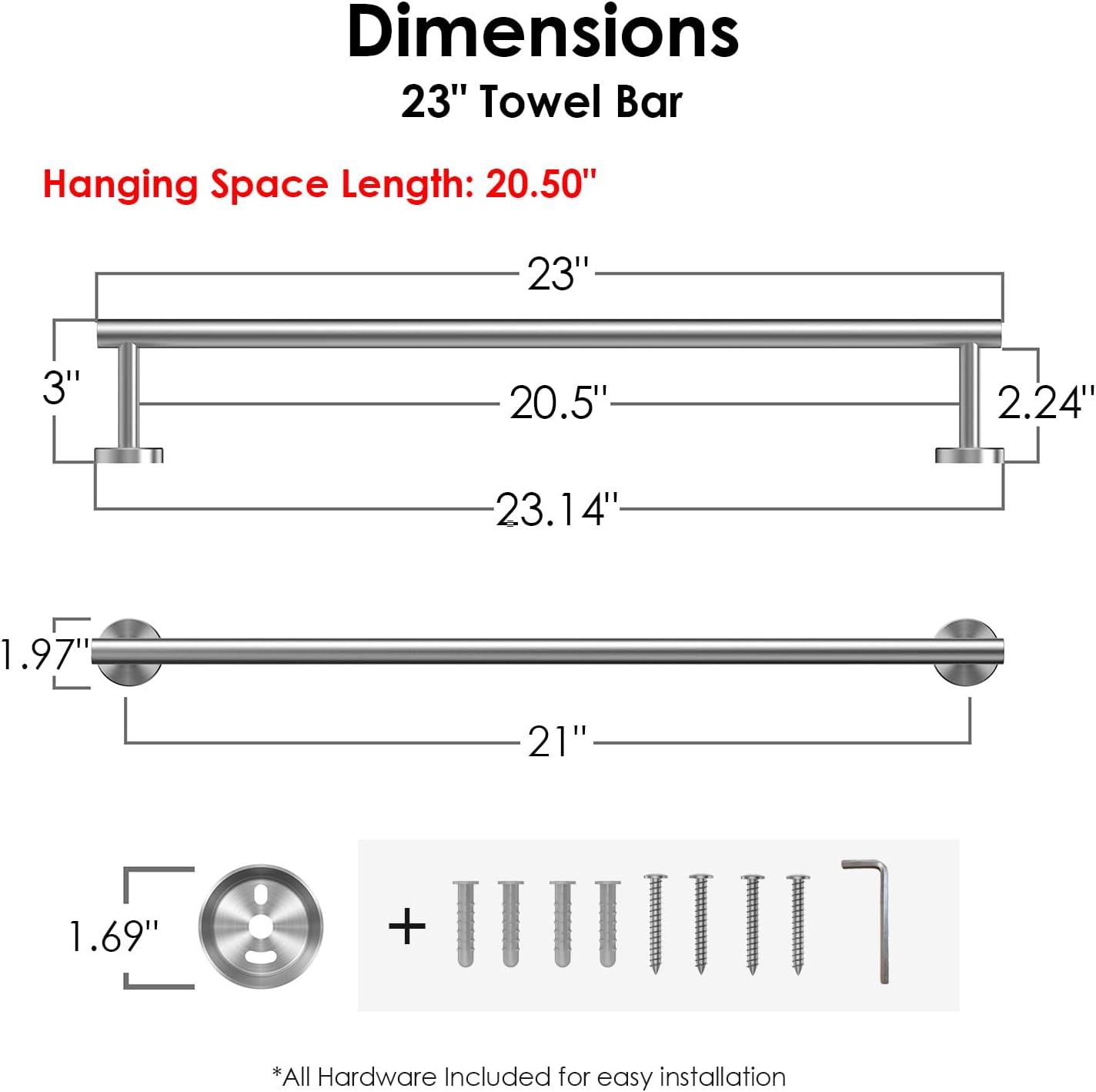 FORIOUS Towel Bar Wall Mounted, Stainless Steel Towel Racks for Bathroom, Includes Wall Mounting Hardware (Stainless Steel, 23 Inch)
