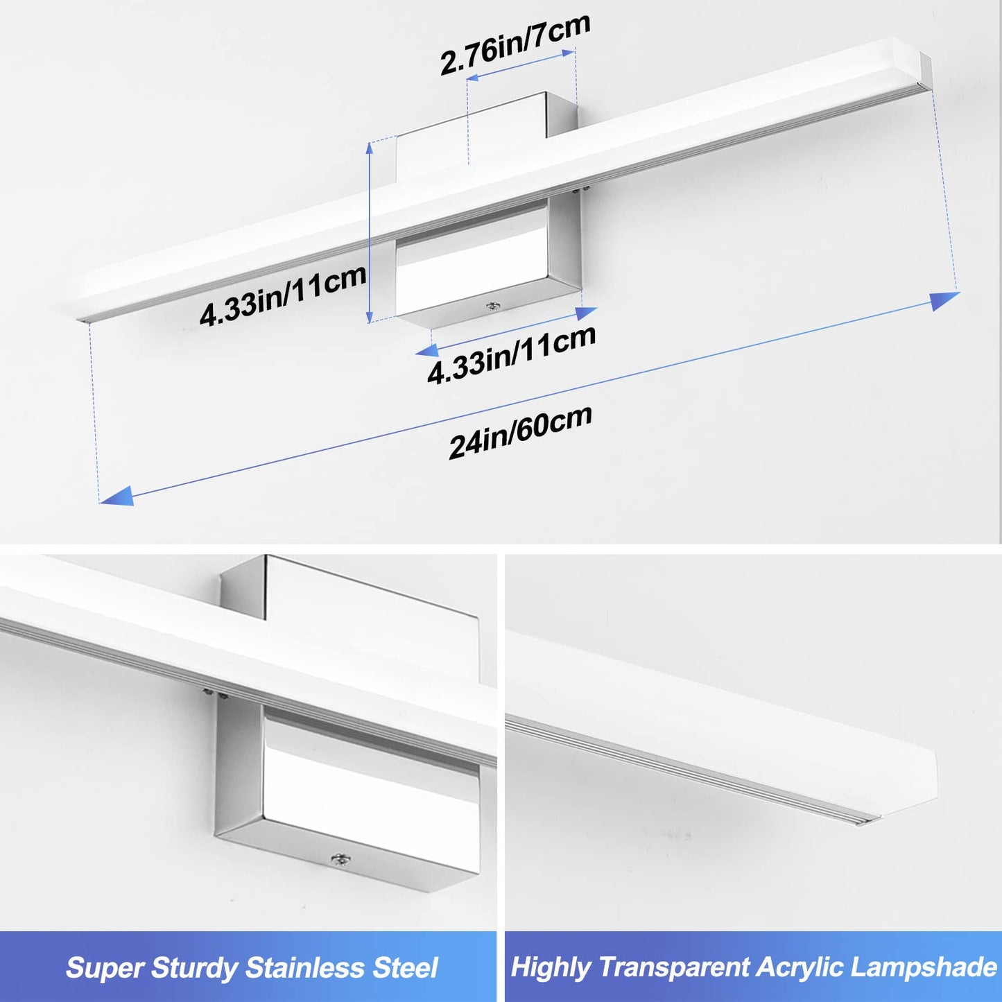Combuh LED Vanity Lights Bar 24 Inch Bathroom Light Fixtures 14W IP44 Over Mirror Lighting Indoor Wall Sconces Modern Cool White 6000K for Washroom