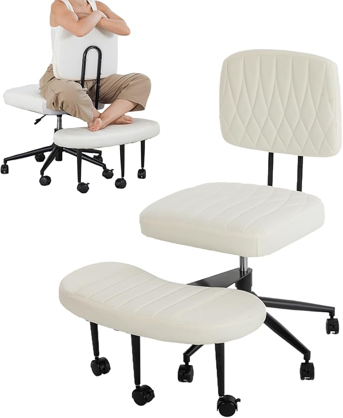 Ergonomic Cross Legged Office Chair with Wheels, Wide Seat and Backrest for Meditation, ADHD Cross Legged Office Chair with Adjustable Height, 360°Rotating Footrest for Yoga Home Office