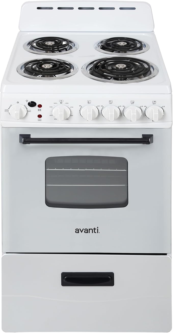 Avanti Electric Range Oven Compact Design, 2.1-Cu.Ft. Capacity with 4 Coil Burners, Framed Glass Oven Door, Storage Drawer...