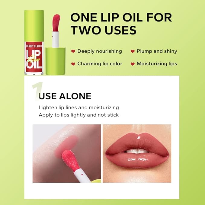 Beauty Glazed Big Brush Head Lip Oil, Ultra-Hydrating & Nourishing, Smooth Glossy Finish Lip Glow Oil, Shiny and Vegan Tinted Lip Gloss, Non-Sticky (4, 101# 102# 105# 107#)