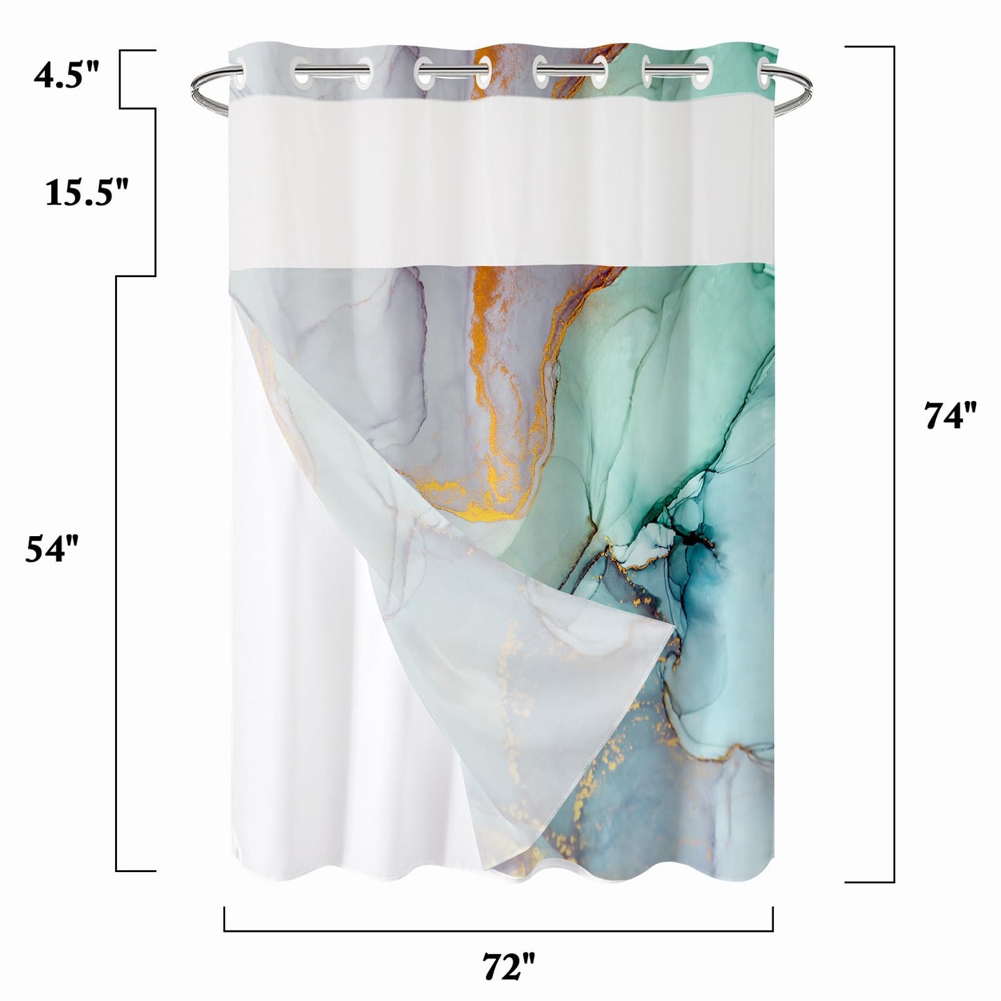 Gibelle No Hook Marble Shower Curtain with Snap-in Fabric Liner Set for Bathroom, Hotel Style Abstract Modern Shower Curtain with See Through Top Window, Waterproof & Washable, 71x74, Green
