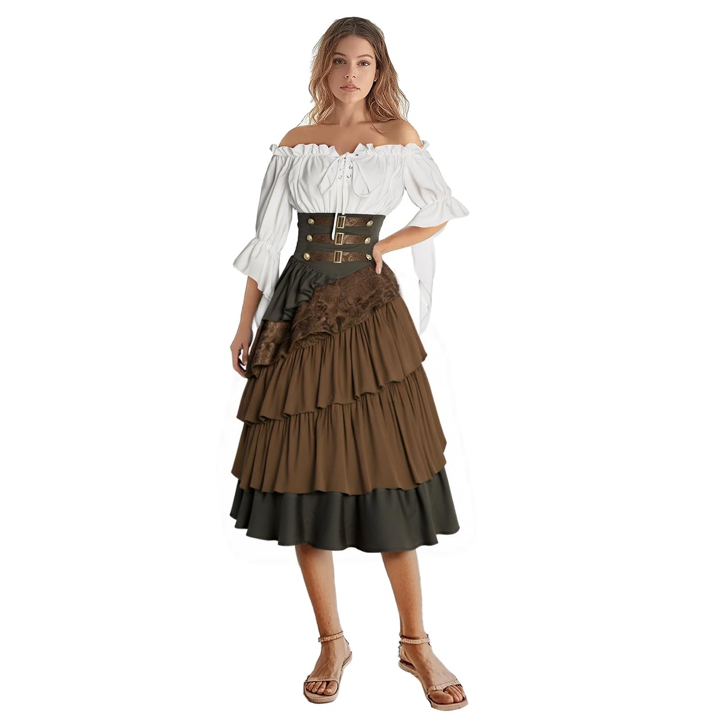 IWQBQ Women's Pirate Costume Retro Renaissance Cosutmes Women Layered Ruffle Viking Outfit Set(Z2886BNST,2XL)