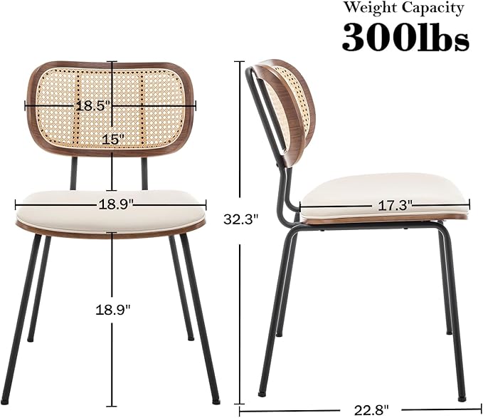 HOCEWI Rattan Dining Chairs Set of 4, Mid Century Modern Dining Chairs with Cane Back for Kitchen Dining Room, 19 Inch Faux Leather Beige