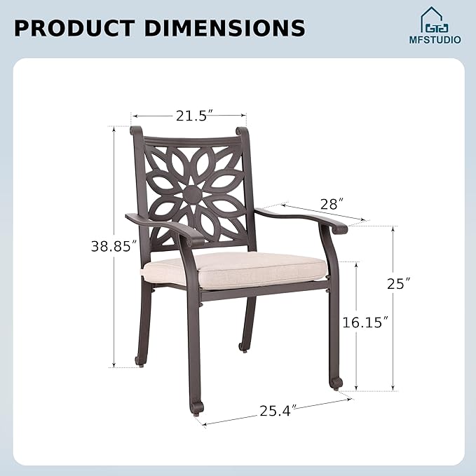 MFSTUDIO Cast Aluminum Outdoor Dining Chairs Set of 2, Stackable Patio Chairs with Extra Wide Seat and 2.8" Cushion, Brown Metal Dining Chairs for Table, Yard, Deck, 350lbs