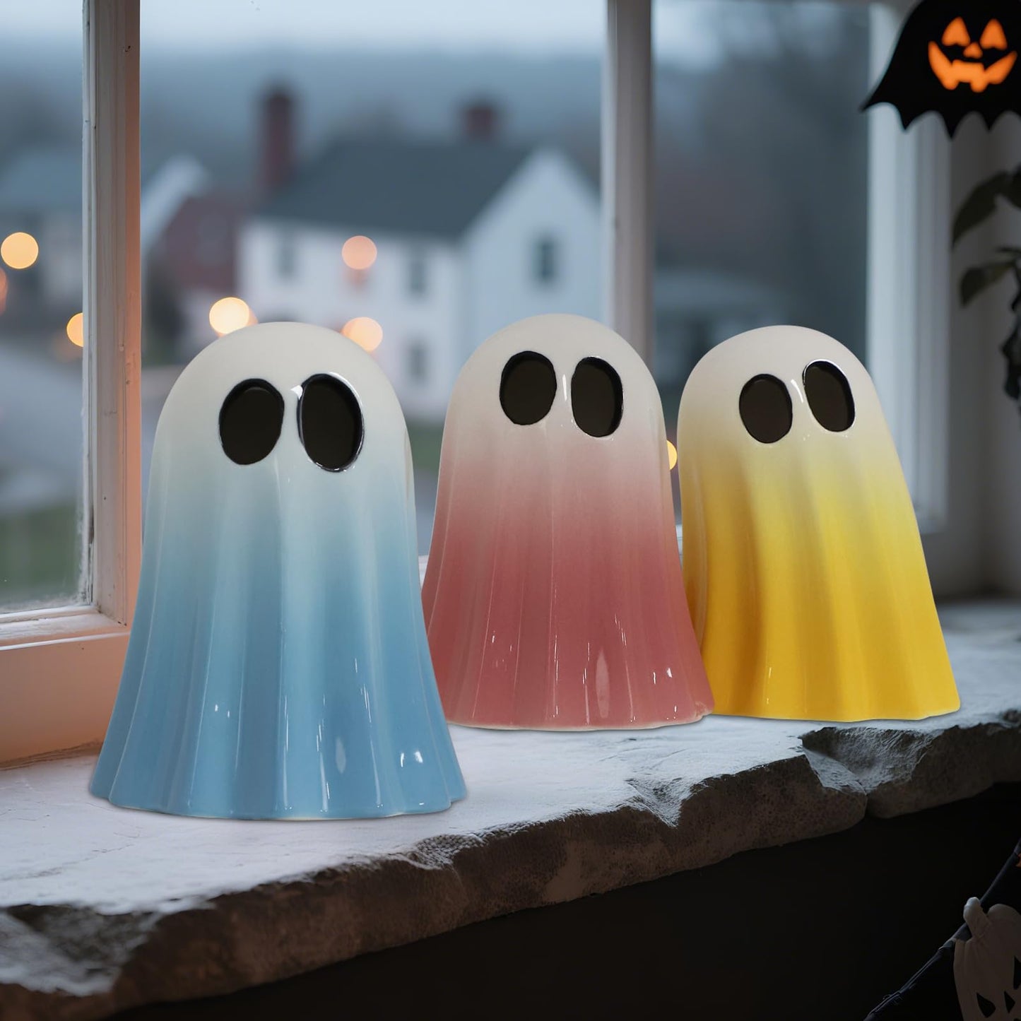 DAZONGE Halloween Ghost Decorations Indoor, Set of 3 Ceramic Spooky Figurines for Indoor Tabletop, Shelf, and Mantel Display