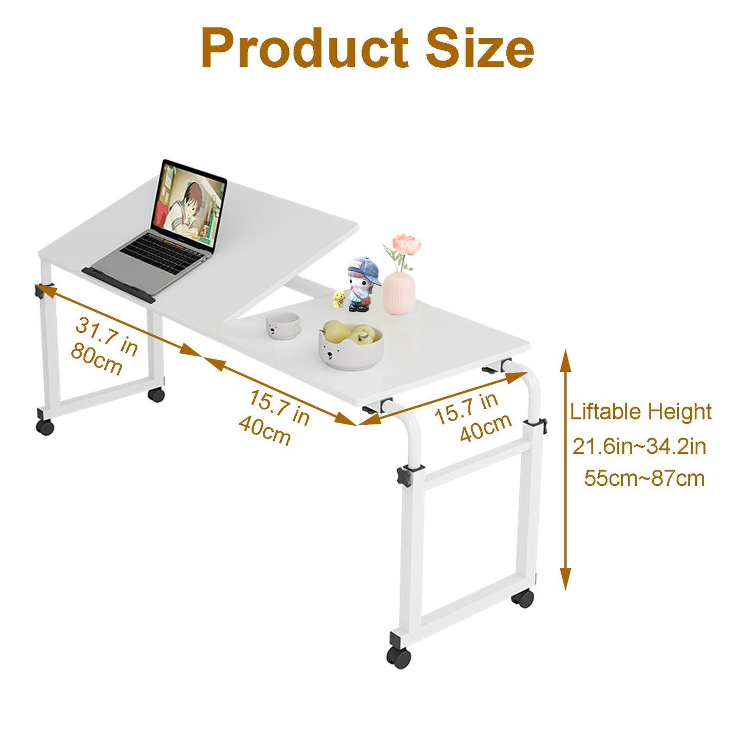 ApexRoam Overbed Desk with Wheels, Adjustable Height Over The Bed Table, King Queen Mobile Over Bed Desk, Overbed Table with Tiltable Tabletop for Laptop and Bedroom Work (White, 47 * 16IN Tiltable)