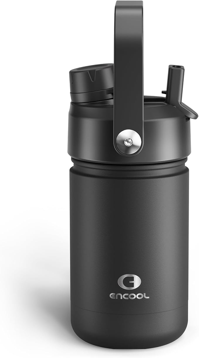 Kids Insulated Water Bottle with Straw - 12oz Stainless Steel Water Bottle with Dual Spouts, Leak-Proof, BPA-Free, Double Wall Vacuum Keeps Cold for 24 Hours for Sports, Travel, School (Black Night)