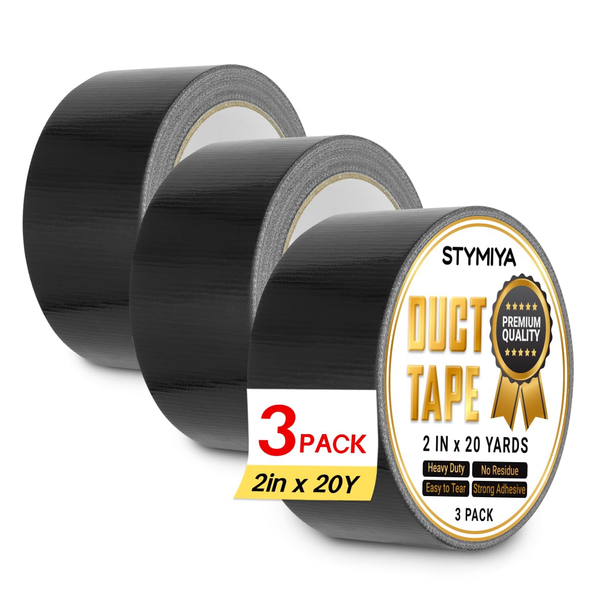 Black Duct Tape Heavy Duty: 3 Rolls 2''x20yd Wide Waterproof Outdoor Duck Furniture Repair Tape Bulk - Strong Adhesive Weather UV Resistant No-Residue Masking Tapes Patterns Variety Pack (Black)