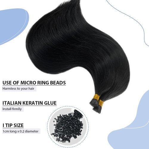 24Inch Long Straight Jet Black I Tip Hair Extensions Human Hair Pre Bonded I Tips Hair Extensions for Women Silky Straight Jet Black Real Human Hair I Tip Extensions Cold Fusion 50g Thick Ends