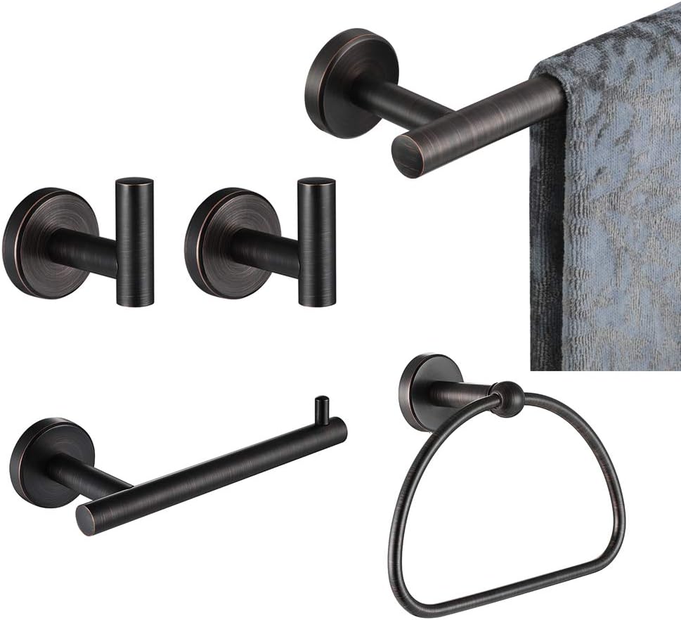JQK Bathroom Hardware Set Oil Rubbed Bronze, 5-Piece Bath Accessories Set ORB Wall Mount includes 24 in Towel Bar, 7 in Towel Ring, Toilet Paper Holder, 2 Towel Hooks, BAS165-ORB