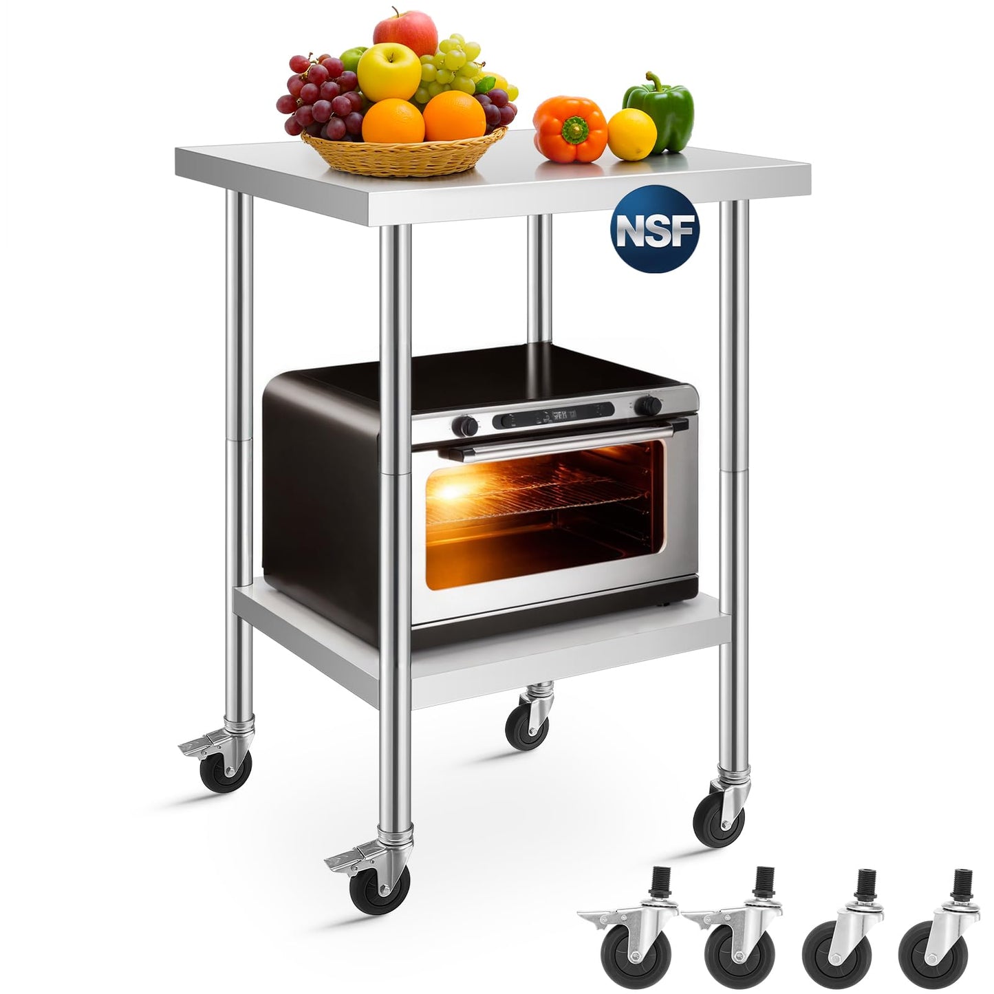 FOHERE Stainless Steel Table, Prep Table W/4 Caster Wheels, 400 LBS Load Capacity，NSF Commercial for Restaurant, Home and Hotel (24×24 in)