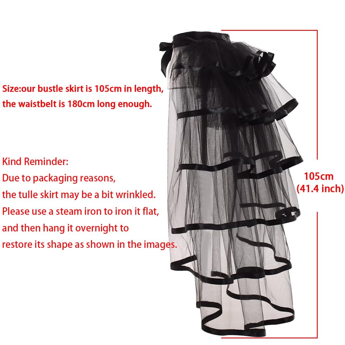GRACEART Victorian Steampunk Bustle Skirt 6 Layered Tie-on Belt Tulle Tutu Overskirt A-black