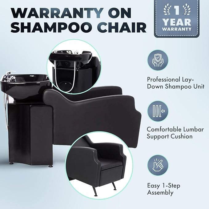 Buy-Rite Oasis Shampoo Backwash Station for Salons - All-Black Chair & Extra-Large Bowl Combo, Single Lever Hot/Cold Faucet, Lumbar Support, Vacuum Breaker, 56"x20"x33.5", TS-8076-BLK