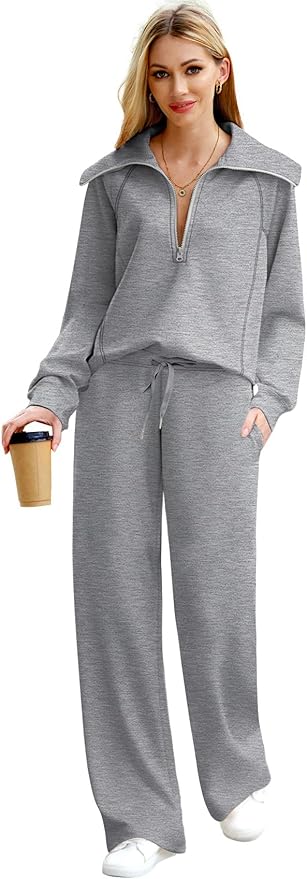 XIEERDUO Lounge Sets For Women 2025 Half Zip Sweatshirt And Wide Leg Sweatpant 2 Piece Outfits Sweatsuit Tracksuit