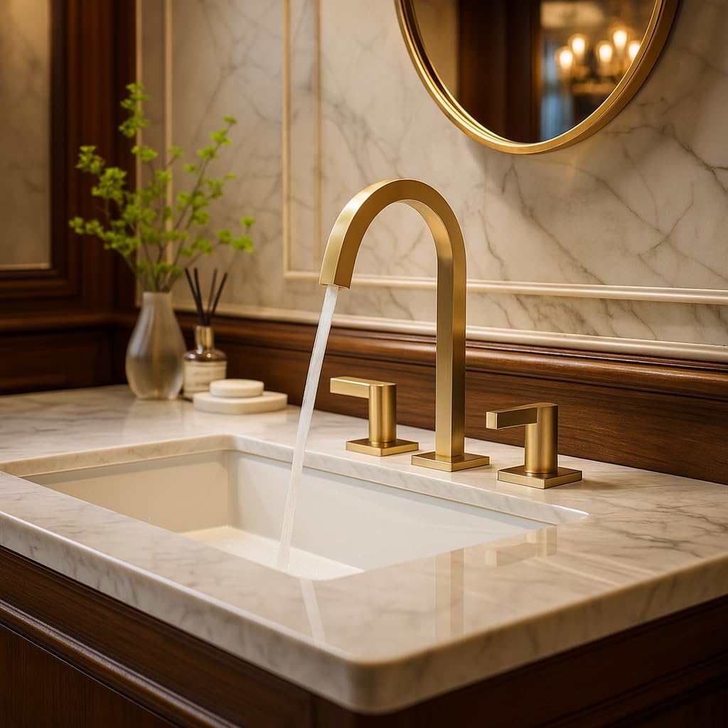 INDARE Brushed Gold Bathroom Faucets, 8 Inch Brass Widespread Bathroom Sink Faucet 3 Holes, Two Handles Sink Faucet with Metal Pop-Up Drain & CUPC Supply Lines, for Gold Vanity RV