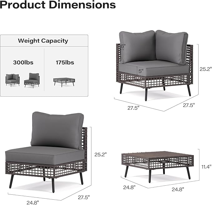 LAUSAINT HOME 5 Pieces Outdoor Sectional Sofa Set, All-Weather PE Wicker Rattan Patio Conversation Set with Thick Cushions & Coffee Table, Patio Furniture Set for Garden, Backyard, Porch (Grey)