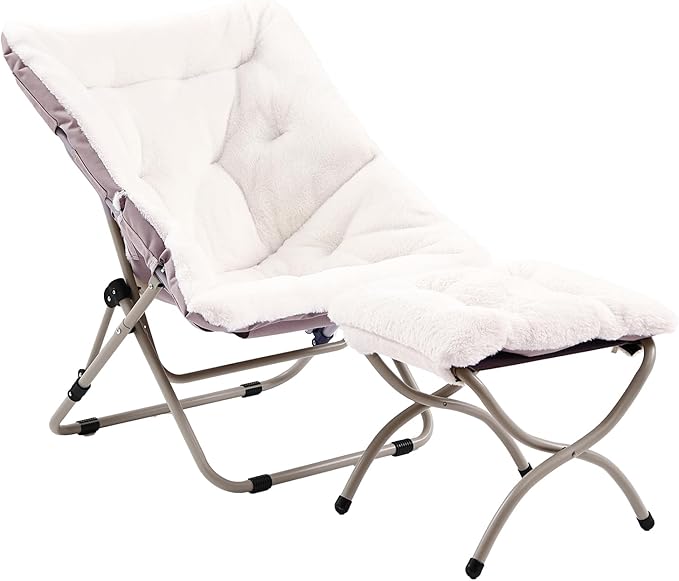 Givjoy Comfy Folded Chair with Ottoman, Oversized Folding Faux Fur Chair Soft Furry Lounge Lazy Chair with Metal Frame Moon Chair Accent Chair for Bedroom, Living Room, Dorm Rooms