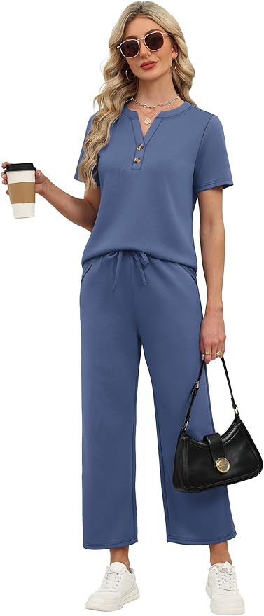 OFEEFAN 2 Piece Sets for Women Spring Fashion Beach Vacation Cruise Outfit Dressy Casual Wide Leg Crop Pants Resort Wear