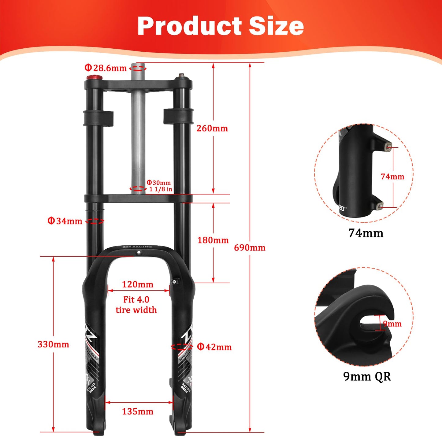 ZTZ 20 * 4.0 inch Fat Tire Oil Spring Suspension Fork - 180mm Travel, 135mm Spacing Hub, 9mm QR, Double Crown Shock Front Fork, Fit for Fat Snow Beach Ebikes