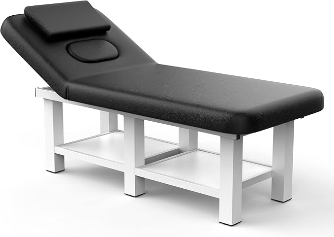 Stationary Massage Table with Backrest and Storage Space, 6 Square Legs Metal Frame PU Leather, 31.5'' Wide × 75'' Long for Treatment Table Physical Therapy Table Spa Facial Bed, Black
