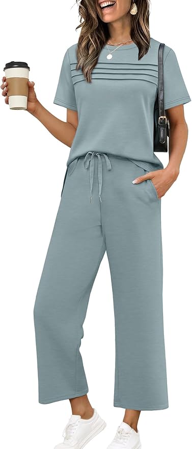WIHOLL Two Piece Sets for Women Summer Travel Vacation Outfits Short Sleeve Lounge Sets Side Slit Wide Leg Pants S-3XL