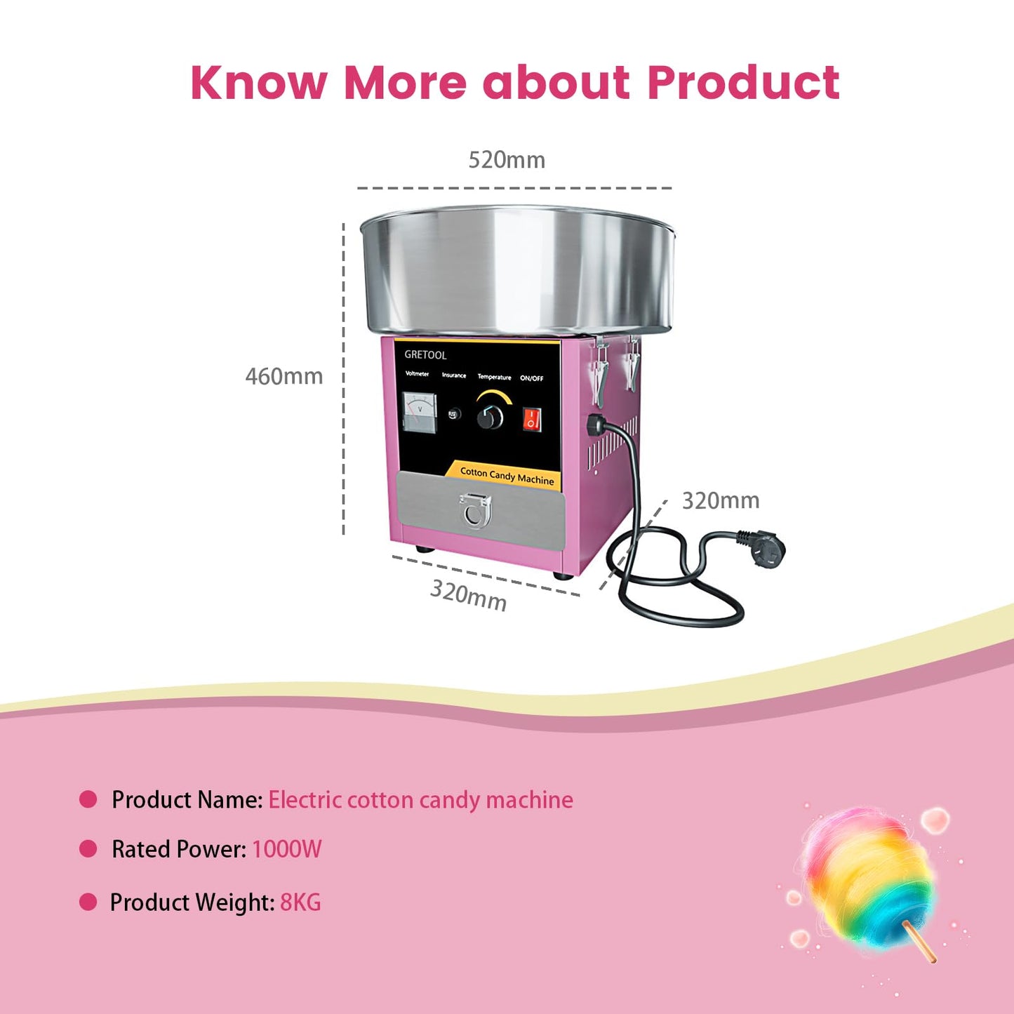 Electric Cotton Candy Machine, 1000W Commercial Floss Maker w/Stainless Steel Bowl, Sugar Scoop and Drawer, Perfect for Home, Carnival, Kids Birthday, Family Party, Pink