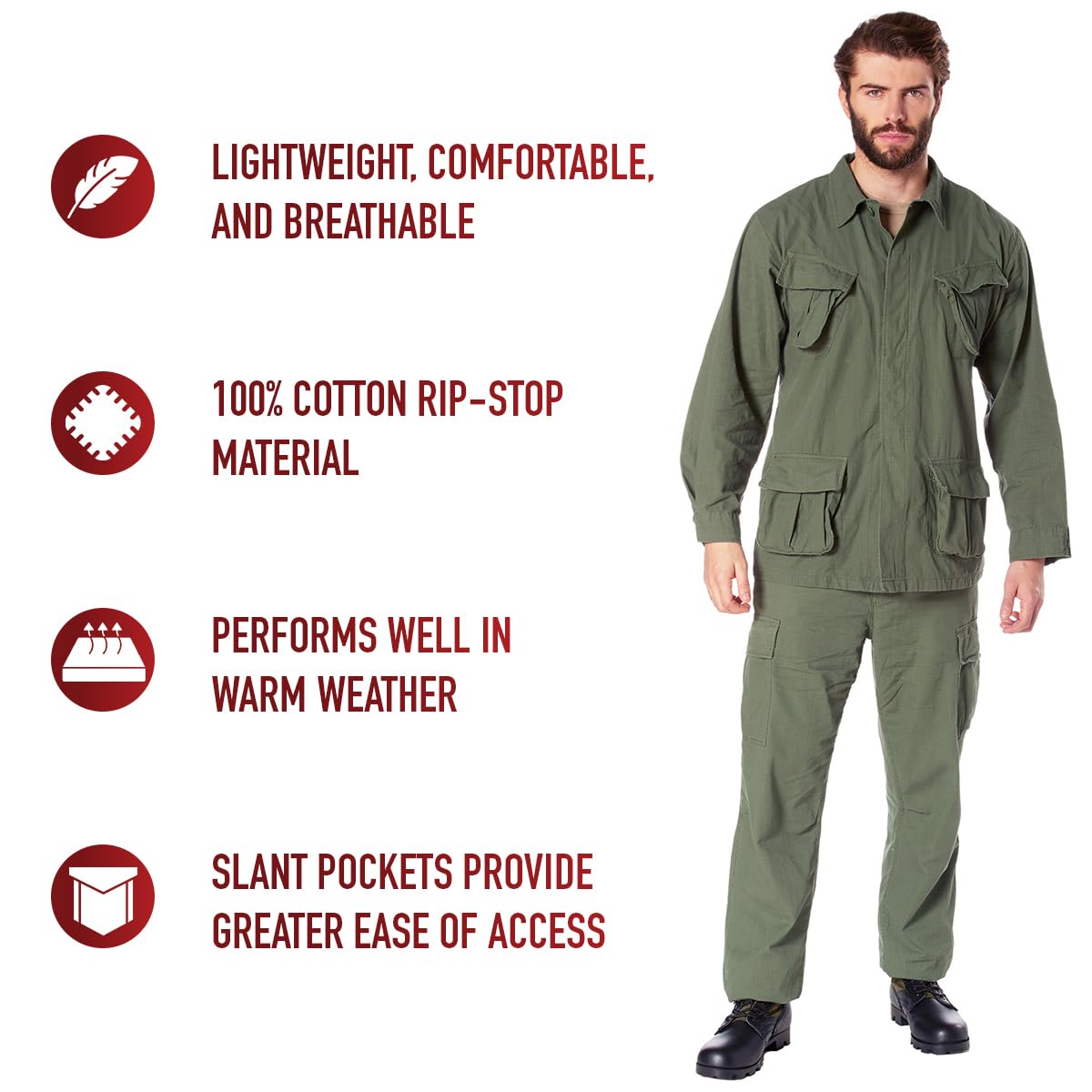 Rothco Vintage Vietnam Fatigue Shirt – Comfortable Lightweight Cargo Utility Shacket, Olive Drab, XS