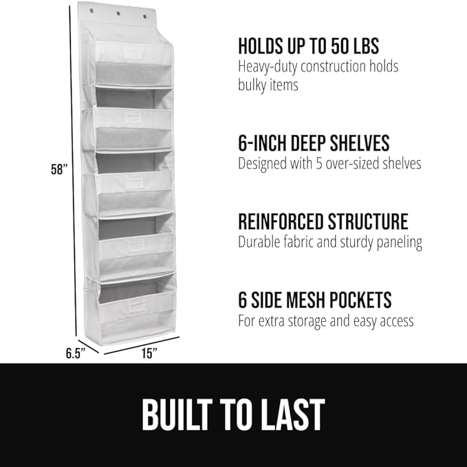 GORILLA GRIP Large Capacity Closet Organizer, 5 Deep Shelves, Holds 50lbs, Over the Door Organizers 6 Mesh Pockets, Shelf Storage for Clothes Crafts Dorm Essentials, 3 Metal Hooks, 58x15 Inches, White