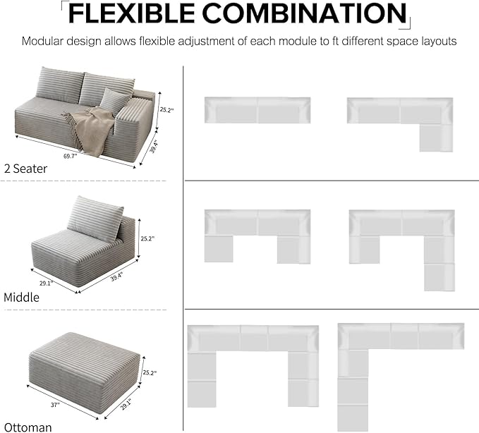 139.4" Modular Sectional Sofa, Oversized U-Shaped Minimalist Couches with 2 Middle Seats and 1 Ottoman Chaise, Modern Deep Seat Convertible Sleeper Sofa, Cloud Plush Corduroy Fabric,7 Seater, Grey
