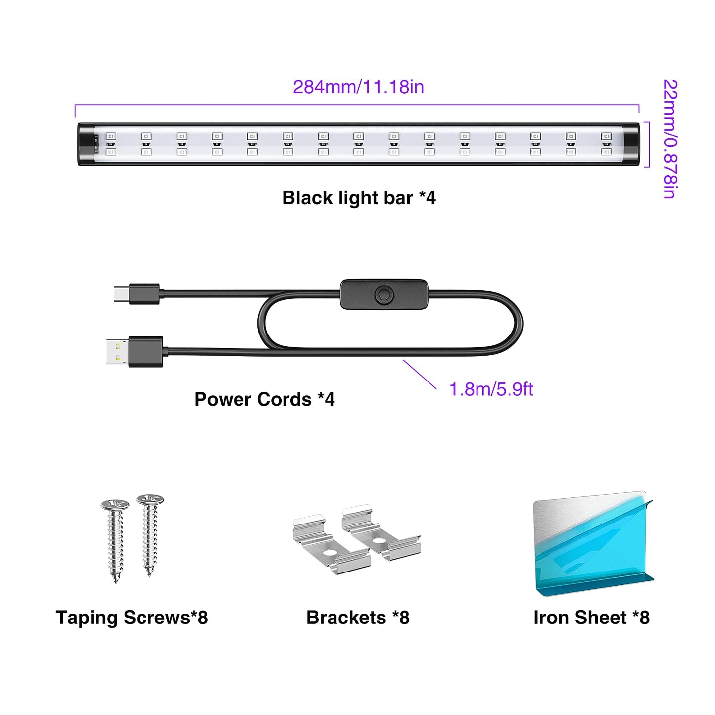 Onforu 4 Pack 10W LED Black Light Bar, 1ft, USB Blacklight Tube, Blacklight Bars with Switch, Black Light for Fluorescent Tapestry Poster, Cabinet, Glow Party, Halloween, Classroom, Body Paint
