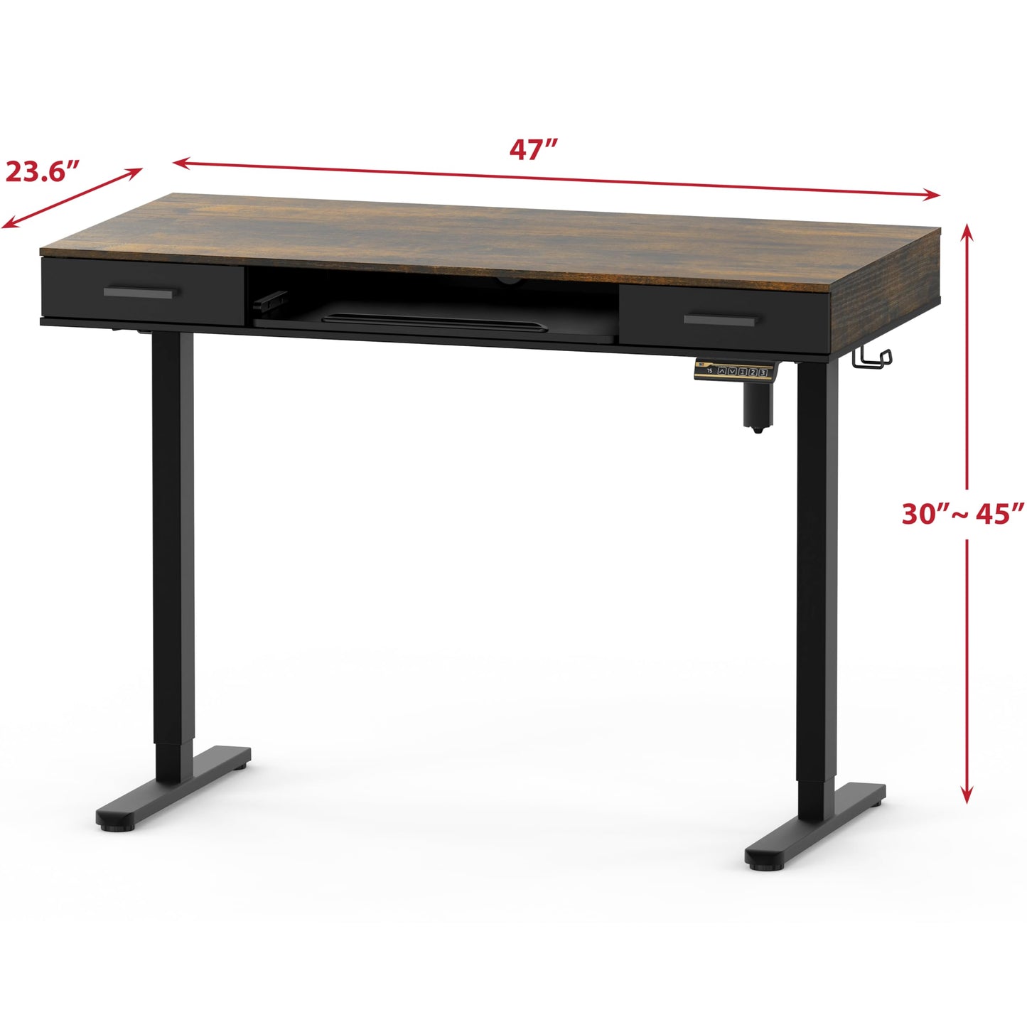 SHW 48-Inch Electric Height Adjustable Desk with Keyboard Tray and 2 Drawers, Rustic Brown