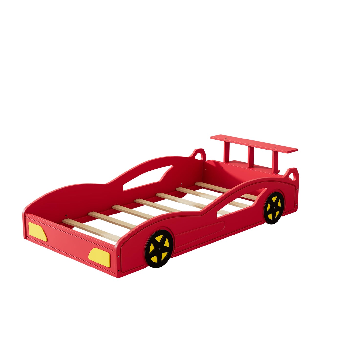Twin Size Bed Frame for Kids, Twin Floor Bed with Rails, Wooden Race Car Bed, Car-Shaped Platform Twin Bed with Wheels,Mattress Foundation,Wood Slat Support, No Box Spring Needed, Red