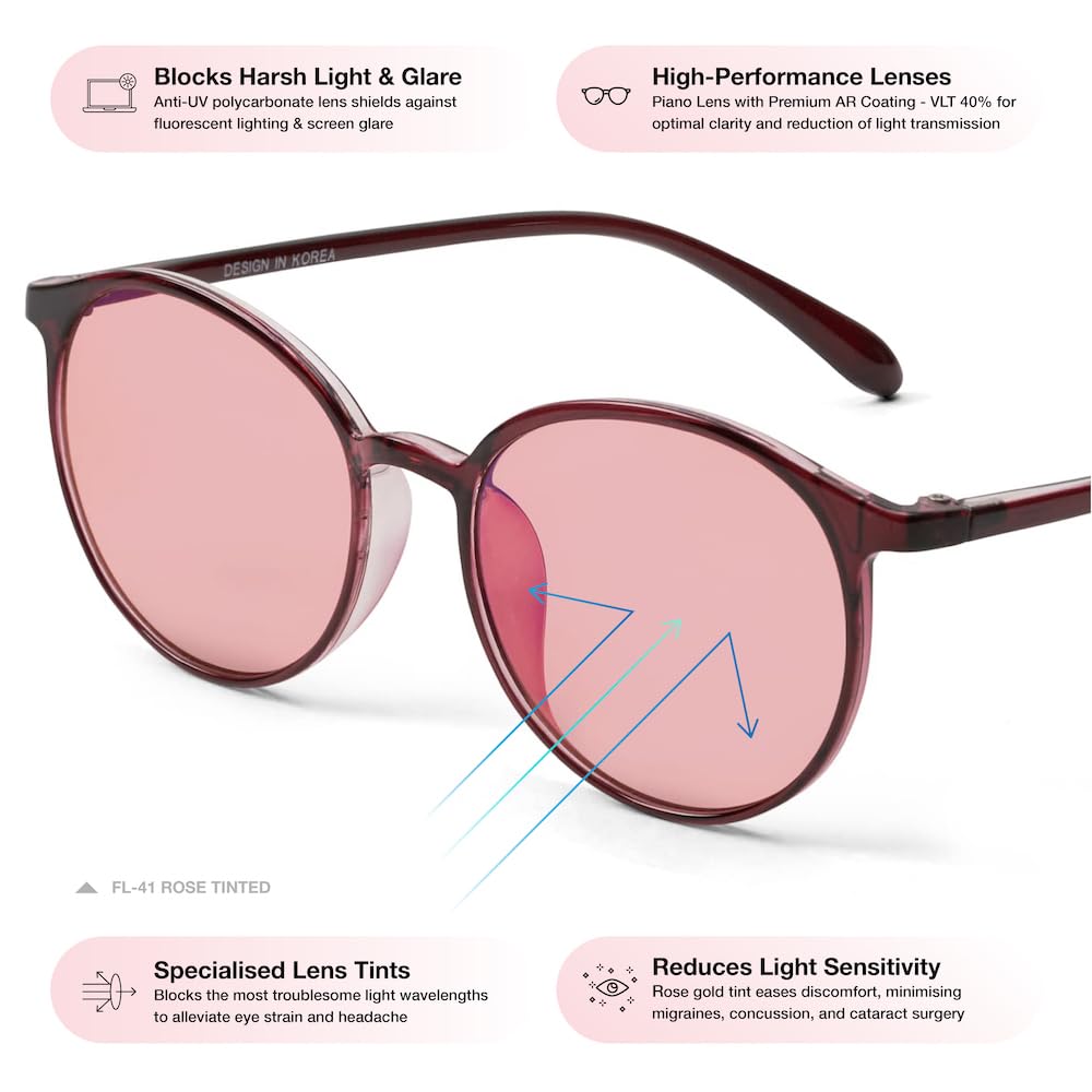 BRADDELL Indoor FL-41 Rose & Outdoor FL-60 Brown Tinted Migraine Light Sensitivity Glasses for Fluorescent LED Glare, Photophobia and Computer Usage