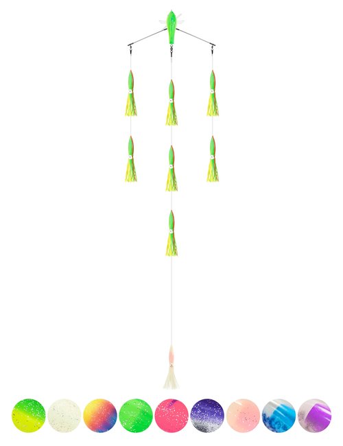 BLUEWING 18" Upgraded Fishing Spreader Bar Starboard Walker Offshore Trolling Spreader Bar with 9" Bulb Squids and 316 Stainless Steel Rod for Wahoo Tuna Marlin Mahi Mahi, Yellow/Green