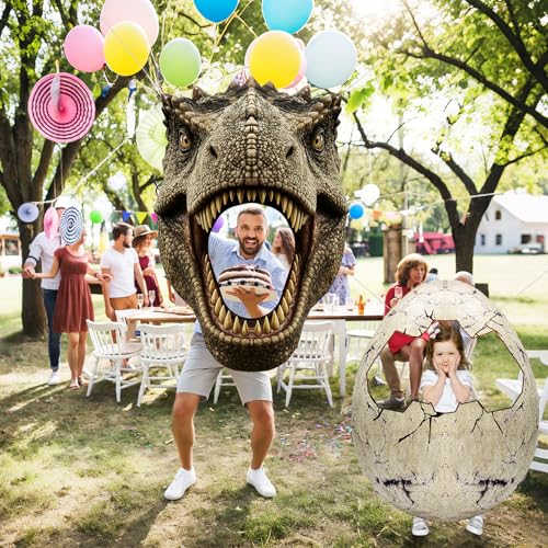 Dino Themed Photo Backdrop Set for Kids Birthday Party – Dinosaur Head and Egg Fabric Banner with Cut-Out Windows – Jungle...