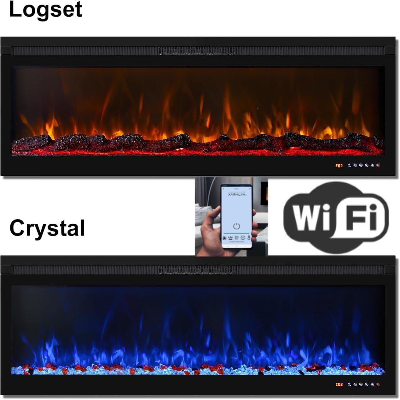 Weka Fireplace Wall Mounted and Recessed Electric Fireplace with App, Remote & Touch Screen, Log Set & Crystal, 13 Adjustable Flame Color, Thermostat, 1-9H Timer, 750w/1500w (72'')
