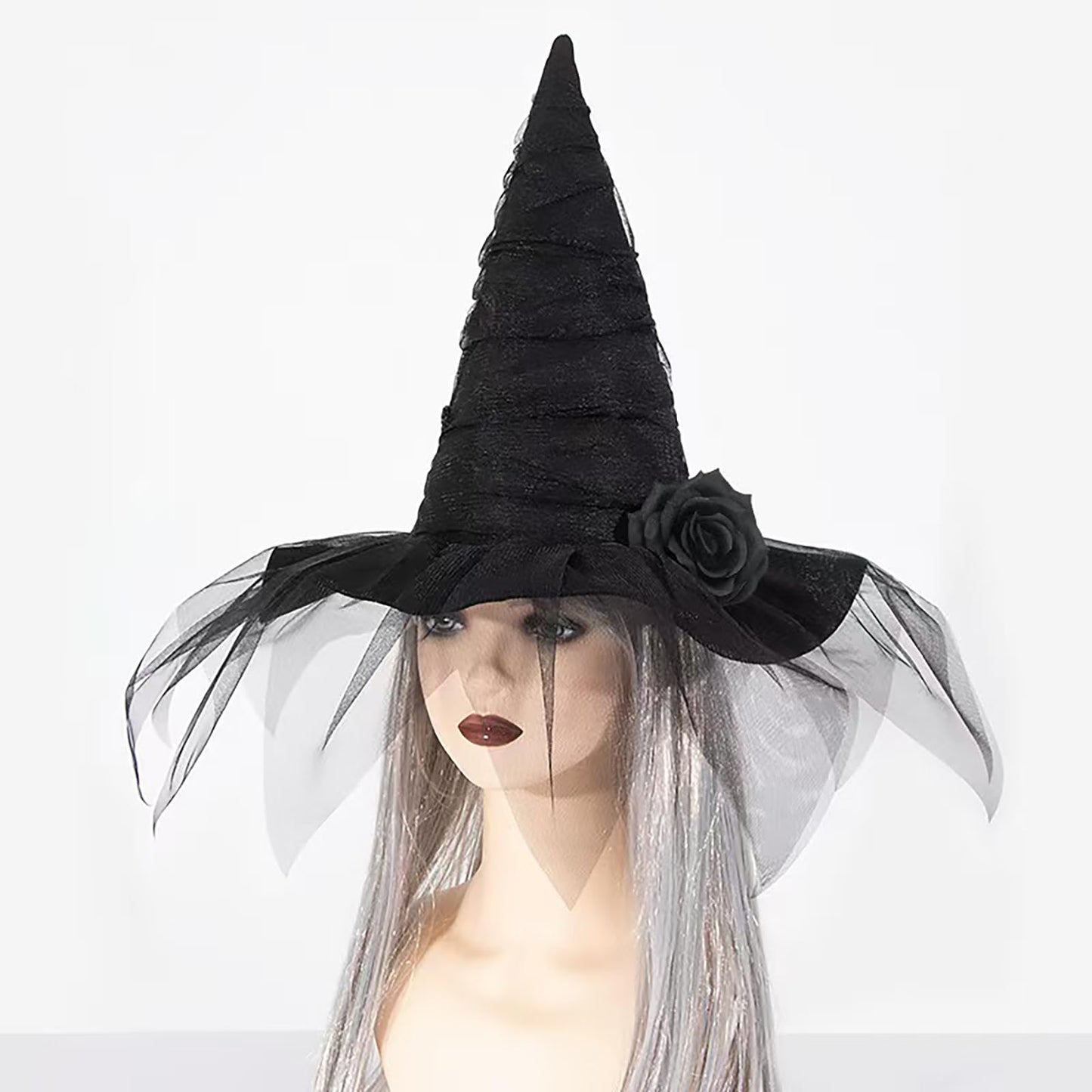 Moyubath Halloween Witch Hat, Ruched Witches Hats for Women with Veil and Rose Wizard Hats Halloween Costume Accessories