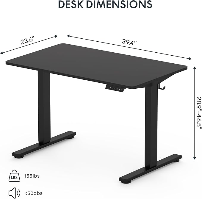 FLEXISPOT EN1 One-Piece Standing Desk 40 x 24 Inches Solid Desktop Electric Height Adjustable Desk for Home Office (Black Frame + Black Desktop)
