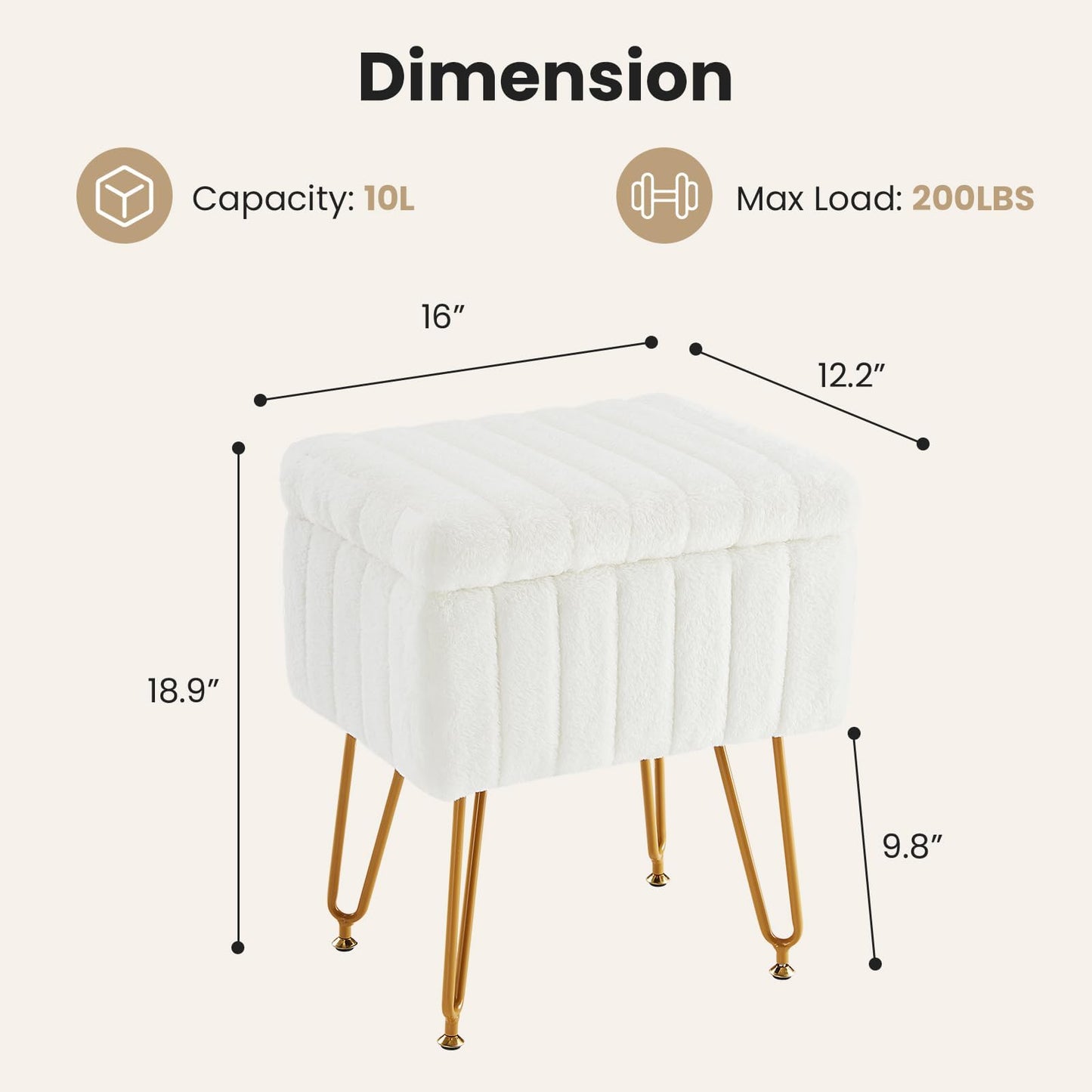 DUMOS Vanity Stool Chair Ottoman with Storage, Makeup Cute Soft Small Footstool Modern Style Faux Fur Seat with 4 Metal Legs & Adjustable Feet for Dressing Living Room Bedroom Dorm