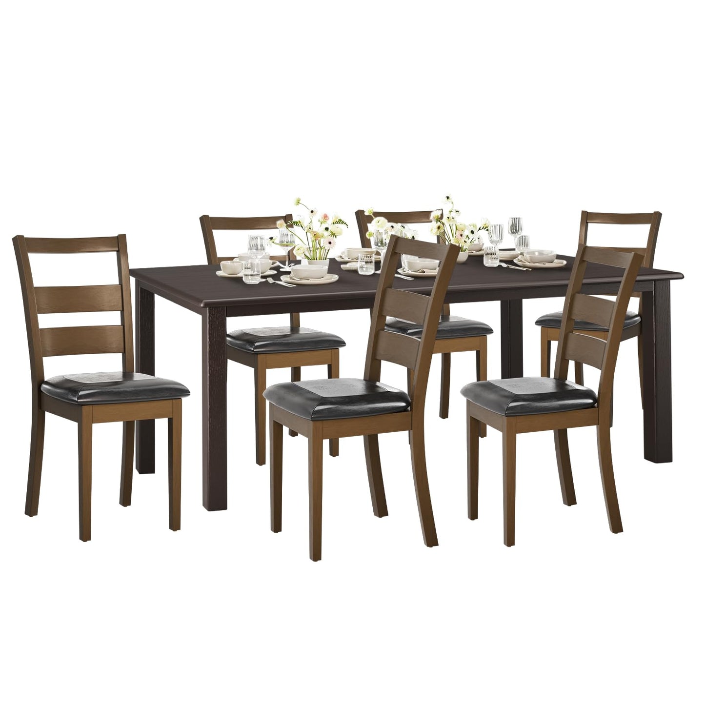 COLAMY Rectangle Wooden Dining Room Table Set for 6, Mid Century Modern Kitchen Table and PU Leather High Back Dining Room Chair for Home, Saving Space (1 Table with 6 Chairs), BlackBrown