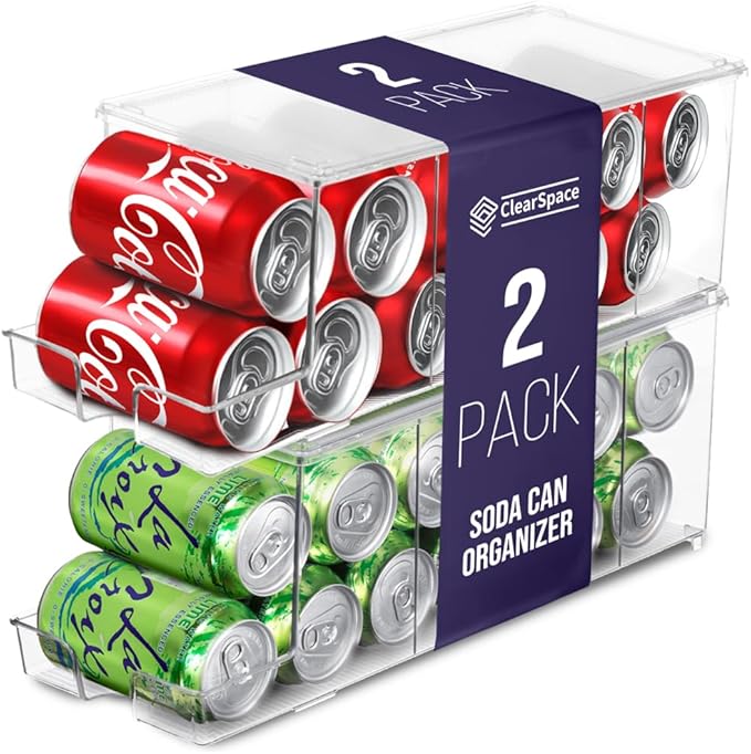 ClearSpace Soda Can Organizer & Soda Can Dispenser for Refrigerator - Fridge Organizer & Stackable Drink Organizer for Fri...